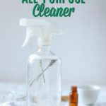 glass spray bottle of DIY all-purpose cleaner on a rattan place mat and ingredients around it