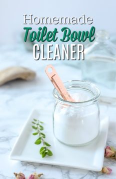 homemade toilet bowl cleaner in a glass dish with a copper spoon on a white plate