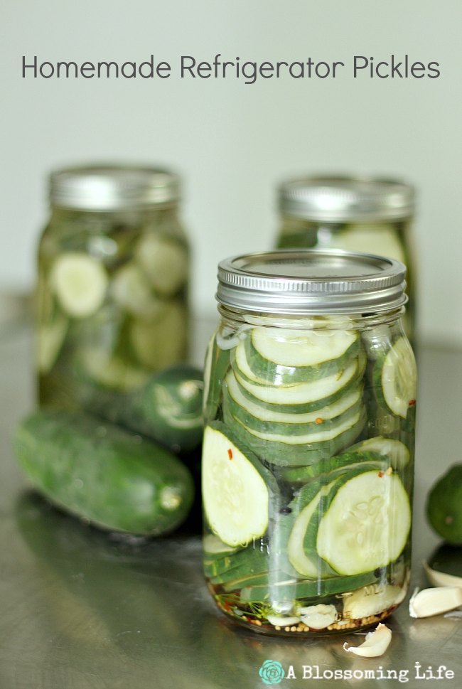 large mason jar of refrigerator dill pickles with cucumbers and more jars of pickles behind it.