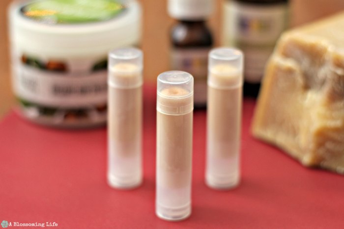 3 tubes of DIY Lip Balm on red paper with a block of beeswax, shea butter, and essential oils behind it