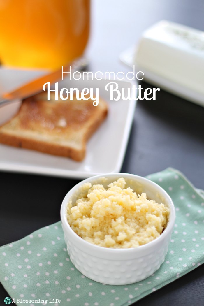 Honey Butter in a white dish on a green polka dot napkin with toast behind it