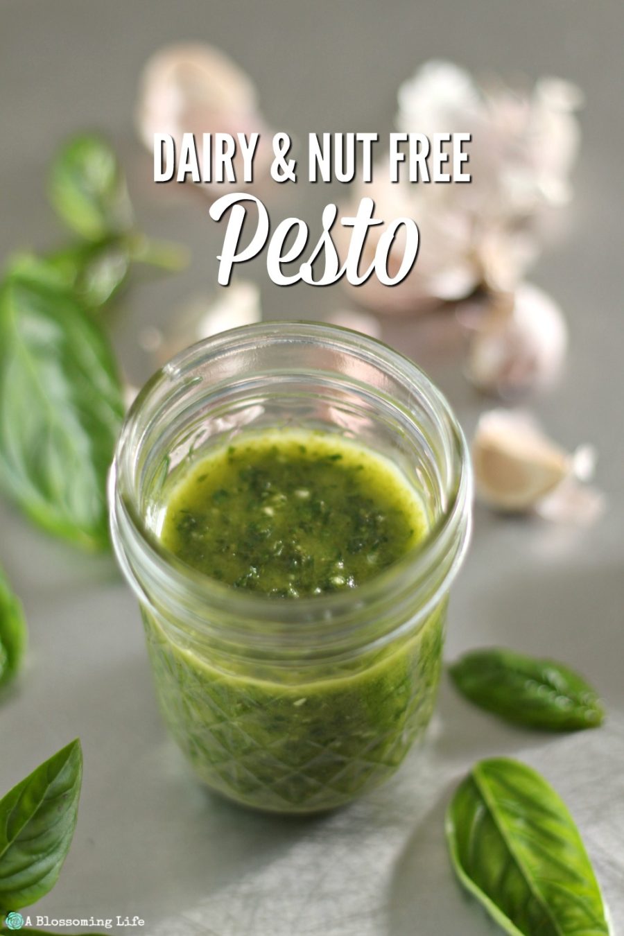 jar of vegan pesto on a counter with fresh basil leaves and garlic cloves around it.