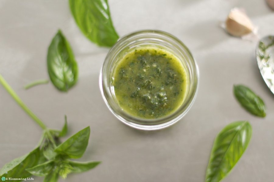 vegan pesto in a glass jar with fresh basil around it