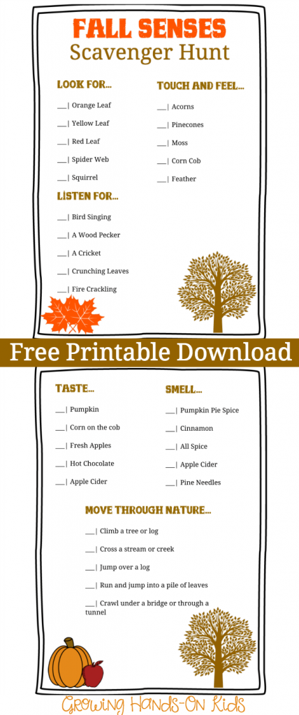 list of fall senses scavenger hunt sheet with leaves, pumpkins and trees for fall preschool activities