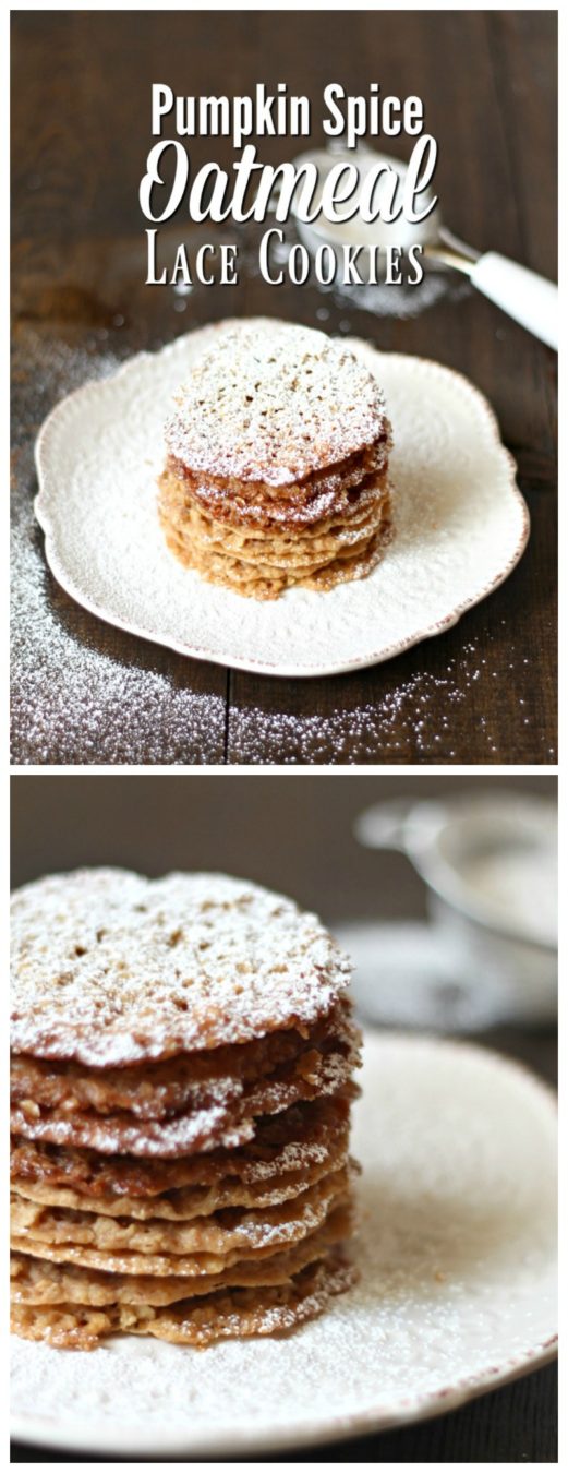 two pictures of lace cookies on cream plates