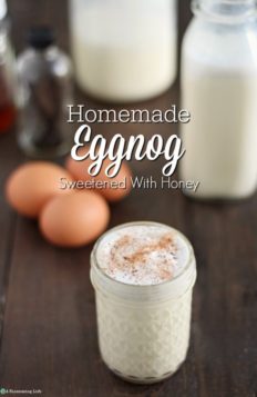 homemade eggnog in a glass mason jar with eggs, vanilla extract, cream, and a jar of eggnog in the background.