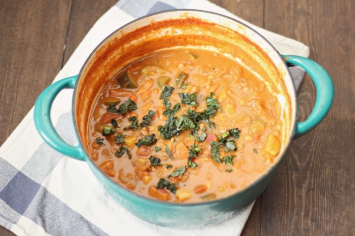 overhead photo of a pot of bean and beef stew topped with herbs on a white and blue towel