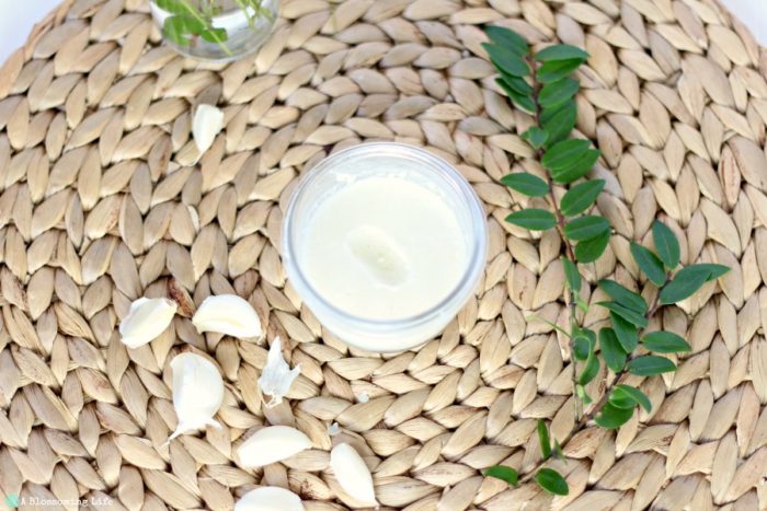 overhead photo of a jar full of garlic salve on a woven placemat with garlic cloves and herbs surrounding the jar