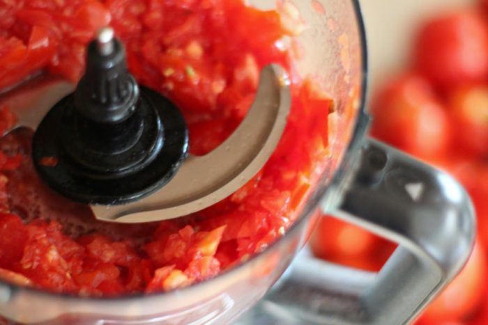 crushed tomatoes in a food processor to be frozen