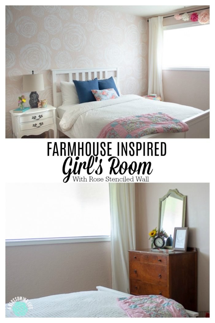 two pictures of pink girls room with stenciled flower wall