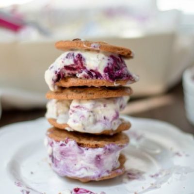Ice cream sandwiches made with blueberry lemon cheesecake ice cream