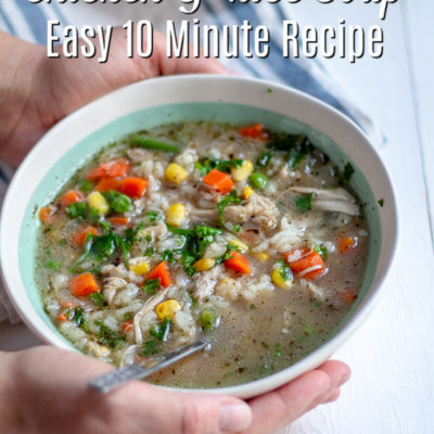 This quick and easy homemade chicken and rice soup is a simple and hearty meal that comes together in 5 minutes, and is ready in 10. This homemade “from scratch” chicken and rice soup has a rich broth full of hearty vegetables, chicken, and rice.