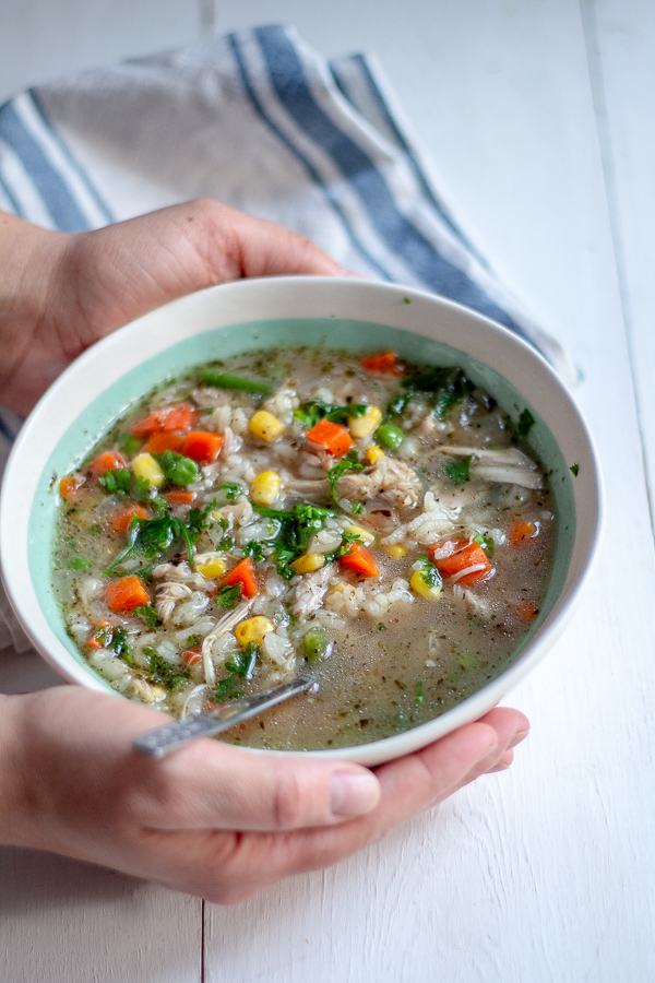 Easy Chicken & Rice Soup with Pesto and Corn - Must Love Garlic