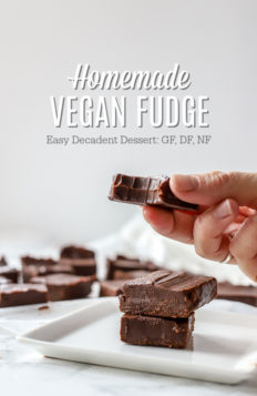 Vegan fudge stacked 3 tall on a white plate. Hand holding one piece of vegan fudge with a bite taken out. More pieces of fudge in the background