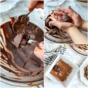 Picture left: spooning vegan ganache with Tbs. Picture top right: rolling ganache in hands. Picture right bottom: rolling ganache into cocoa powder for vegan truffles