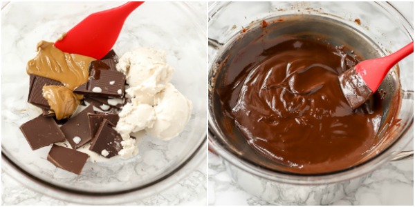 Left Picture: chocolate, coconut cream, seed butter, and sweetener in a glass bowl. Right picture: ingredients melted and mixed together