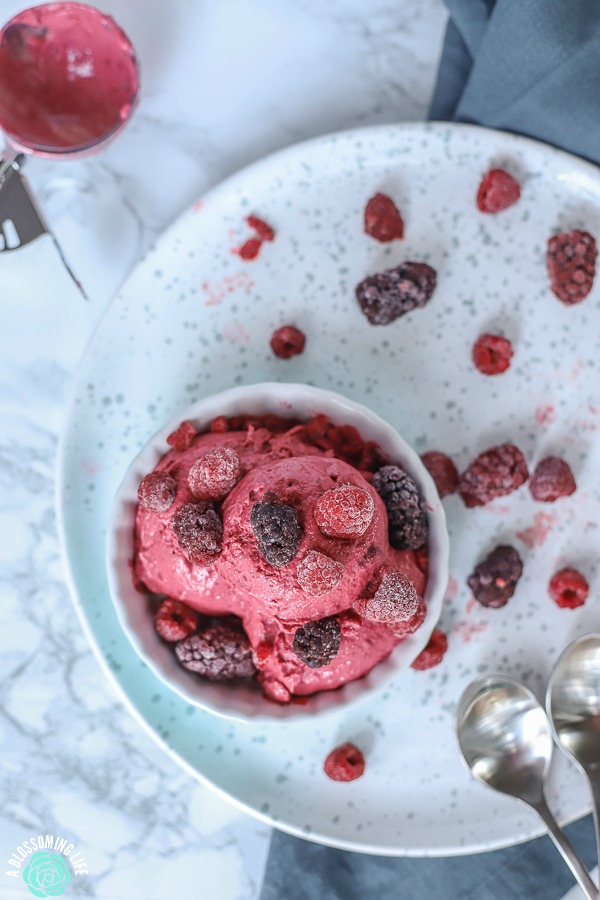 homemade frozen yogurt in a teal dish with blackberries