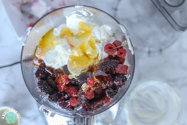 greek yogurt, frozen blackberries and raspberries, and honey in a food processor to make frozen yogurt