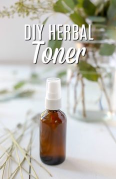 diy toner in a amber bottle with lavender and eucalyptus around it