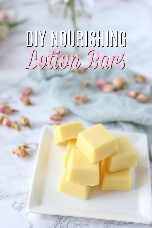 DIY lotion bar recipes on a white place with dried roses and a blue napkin behind it