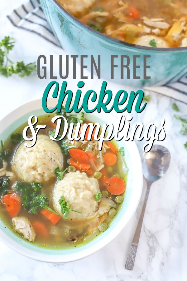 gluten free chicken in dumplings in a cream and teal bowl with a spoon to the right