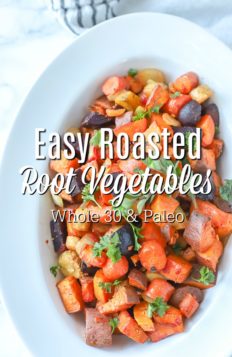 roasted root vegetables in a white dish