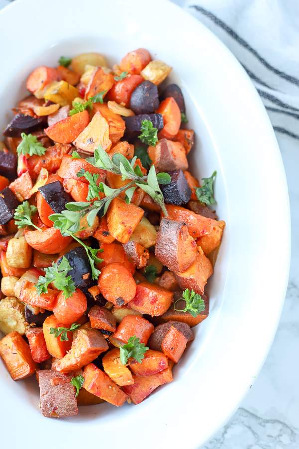 roasted root vegetable recipe in a white bowl