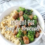 beef and broccoli recipe over rice in a white bowl with a vintage fork on top a white and black towel