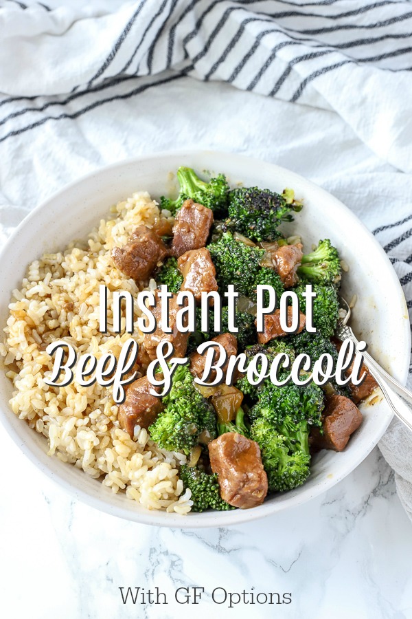 beef and broccoli recipe over rice in a white bowl with a vintage fork on top a white and black towel