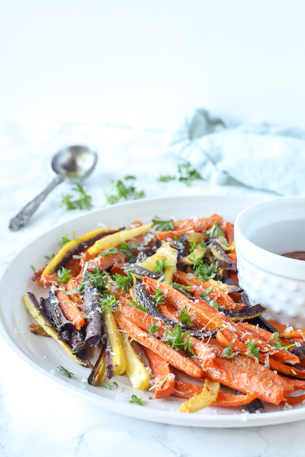 side view of colorful carrot fries