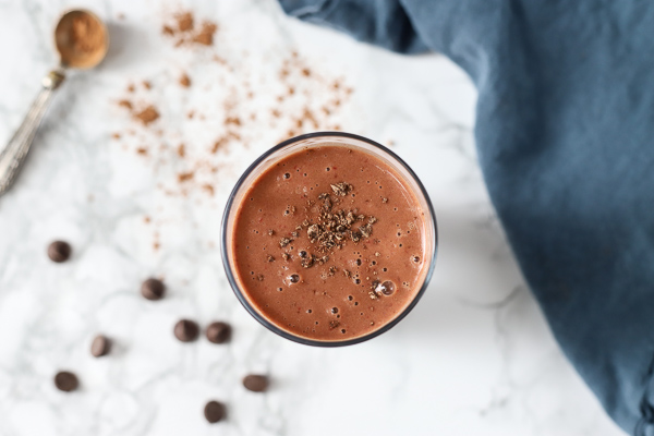 overhead shot of chocolate veggie smoothie 