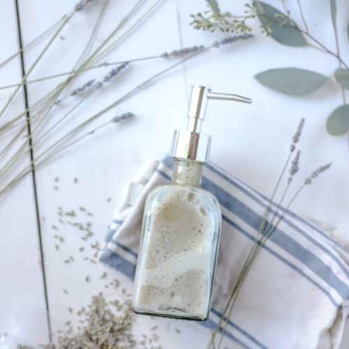 homemade fat wash in a soap dispenser on a white and blue stripped towel with dried lavender and eucalyptus surrounding the jar