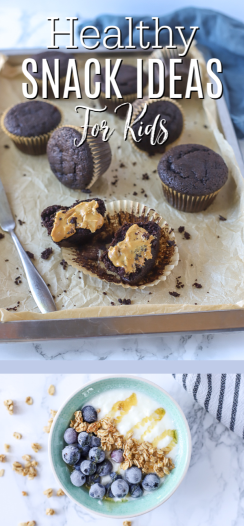 two pictures of healthy snack ideas: top picture of chocolate muffins and almond butter bottom picture of yogurt with blueberries and granola