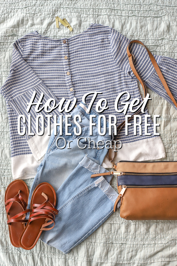 blue and white stripped top, jeans, a purse, and shoes laying on a blue background- how to get clothes for free or cheap