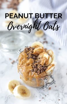 peanut butter overnight oats in a glass jar topped with bananas, chocolate, and peanut butter drizzle.