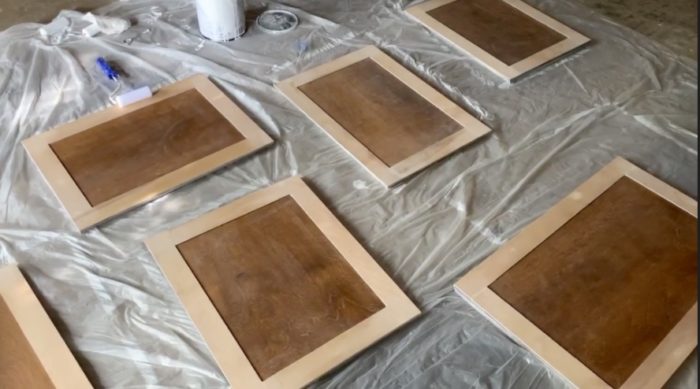 shaker cabinet doors that have been sanded where wiped clean and ready for primer