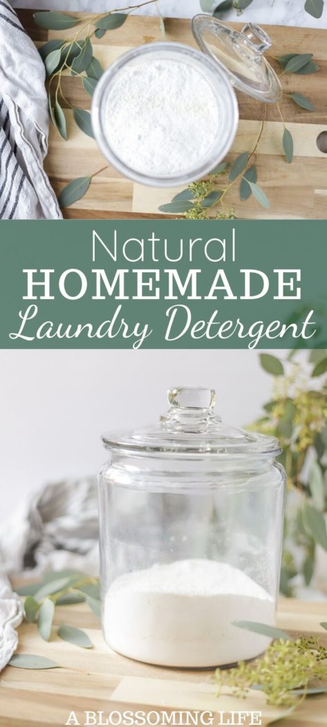 two pictures of natural homemade laundry detergent powder on a wood cutting board with eucalyptus in the background