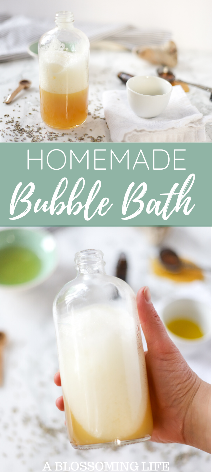 homemade bubble bath in a glass jar with a wooden spoon to the left, lavender petals spread around, and a green bowl of soap to the left