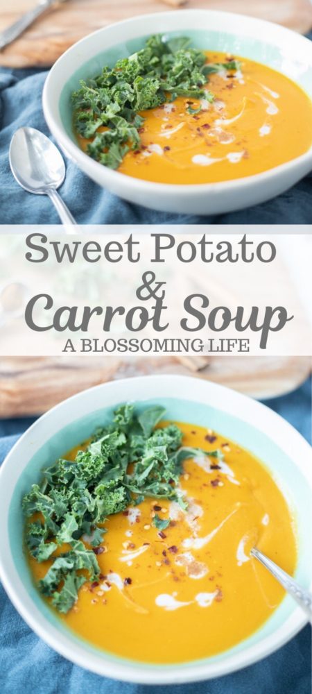 two pictures of bowls of sweet potato and carrot soup in a bowl with coconut milk swirled in and topped with cable