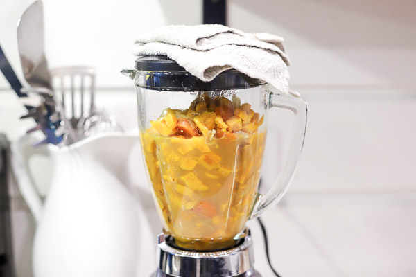 sweet potato carrot soup in a blender to purée 