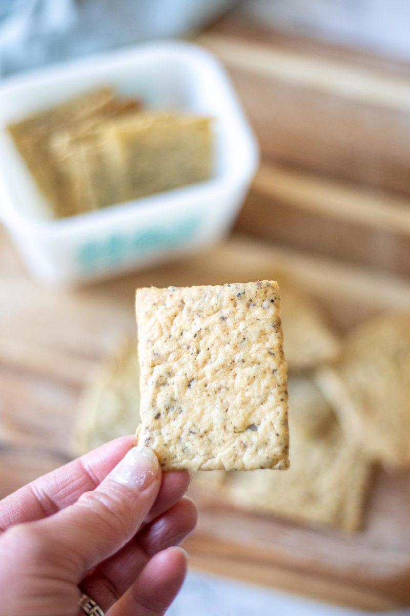 hand holding a homemade sourdough cracker.