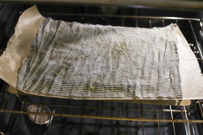 melted beeswax on fabric ion top of a parchment lined baking sheet in the oven