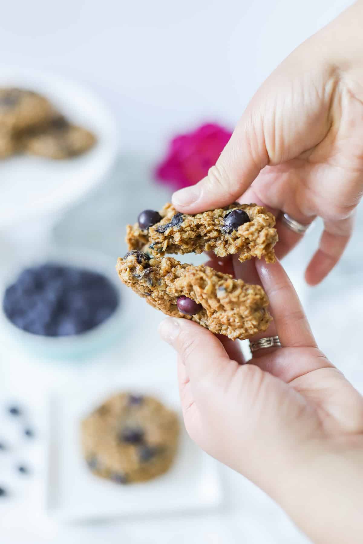 hands breaking a blueberry oatmeal cookie in half. Blueberries, flowers, and cookies in the background