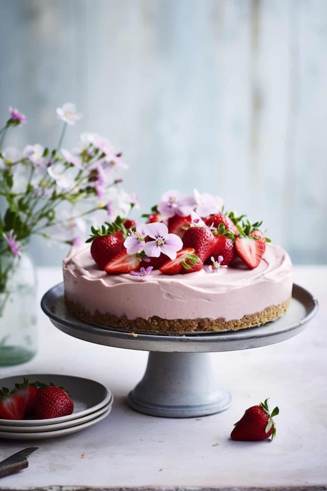 A no bake strawberry cheesecake with graham cracker crust topped with halved strawberries. Flowers in a vase are on the left side