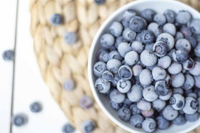 overhead photo of frozen blueberries in a white bowl. The bowl is on a woven mat covered in blueberries