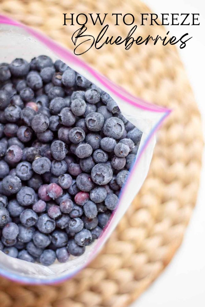 frozen blueberries in a freezer bag on a woven placemat