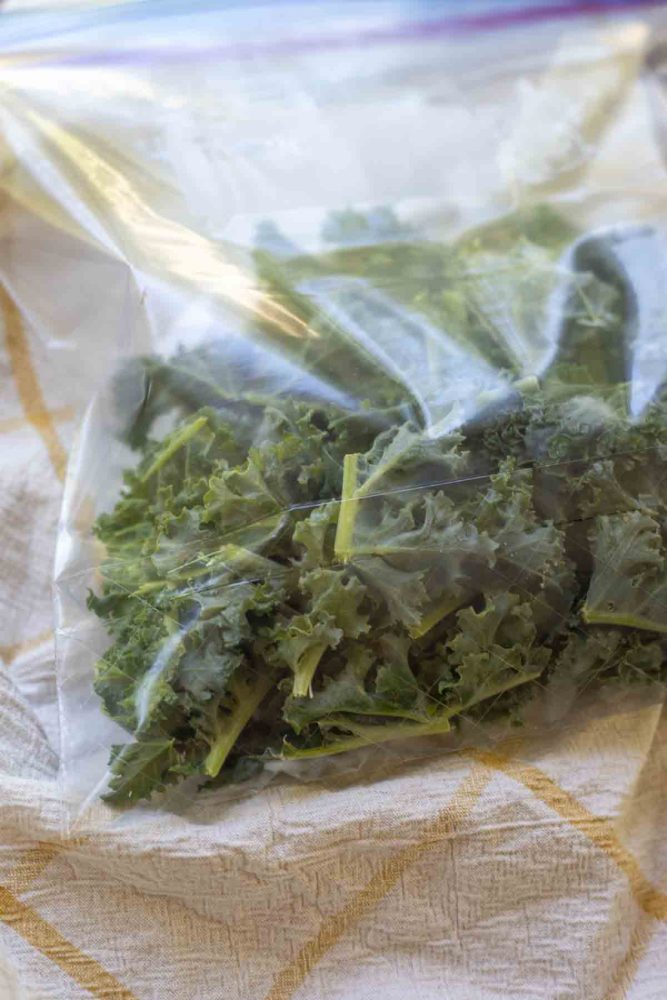 frozen kale in a plastic ziplock bag on a white and yellow checked towel