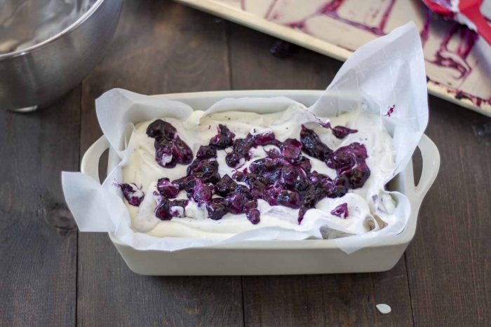 blueberry sauce on cheesecake ice cream in a parchment lined loaf pan