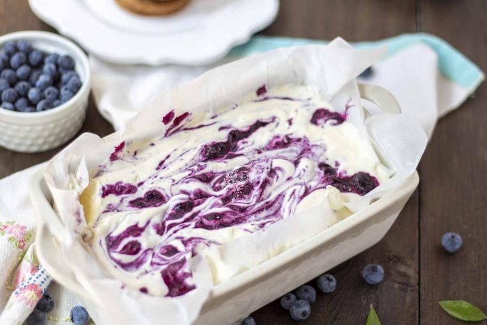 loaf pan with cheesecake ice cream with swirls of blueberry sauce. dosages of blueberries surround the loaf pan