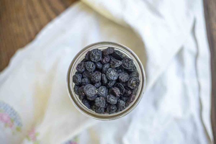 overhead photo of a jar of dried blueberries on a white towel